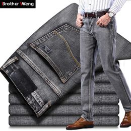 Men's Stretch Regular Fit Jeans Business Casual Classic Style Fashion Denim Trousers Male Black Blue Gray Pants 211008
