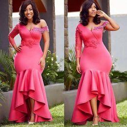 Hot Pink Evening Dresses Mermaid One Shoulder 3/4 Long Sleeves Beading Tassle Plus Size Custom Made High Low African Dubai Prom Party Gown vestidos