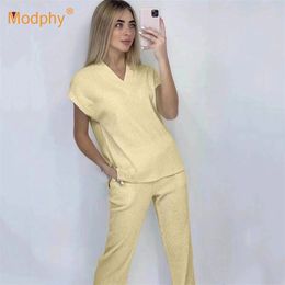 Silky knitted women 2 piece suit summer solid Colour short-sleeved top & wide-leg pants casual Outfits Female clothing 210527