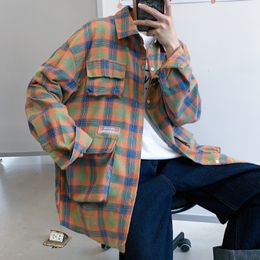 Harajuku Men's Casual Plaid Shirt Vintage Streetwear Woman Tops Oversize Blouse Long Sleeve Clothing