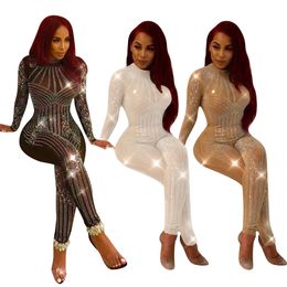 High-end Custom Black/White/Golden Sequin Jumpsuit Fall Womens Long-sleeve High Stretch Party Club Bodycon Rompers