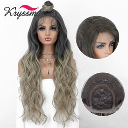 Women Long Wave Lace Front Wig Grey Ombre Blonde Synthetic Wigs For Cosplay Wigs With Dark Roots High Temperature Fiberfactory direct