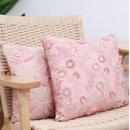 Cushion/Decorative Pillow Pink Stereoscopic Flower Embroideried Cushion Cover Luxury Princess Girl's Room Sofa Home Car Office Seat Decorati