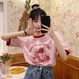 WERUERUYU Pink T-Shirts Women Short Sleeve Sexy Tops Casual Cute Student Beach Holiday Homewear Pullover Female 210608