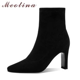 Meotina Short Boots Women Shoes High Heel Ankle Boots Pointed Toe Chunky Heels Female Footwear Autumn Winter Black Size 34-39 210608