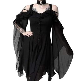 Casual Dresses Elegant Women Dark Black Dress Ruffle Sleeves Off Shoulder Gothic Party Mini Vestidos 2021 Autumn Halloween Ropa Mujer