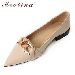 Meotina Women's Flat Leather Shoes Casual with Tip and Chain Spring Autumn Beige 40 220209