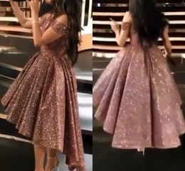 Pink Glttering Sequined Cocktail Party Dresses High Low Off Shoulder Sexy Girls Short Evening Prom Gowns Puff Princess Female Night Club Wear AL8648