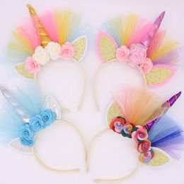 Baby Girls Animal Horn Unicorn Hair Sticks hair accessories princess lace Flower ear headband kids party headdress elastic hairhoop KFG35