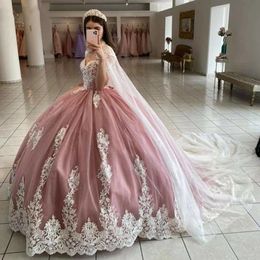 Dust Pink Ball Gown Quinceanera Dresses with Wrap Lace Appliques Prom Gowns Floor Length Puffy Sweet 15 Masquerade Dress