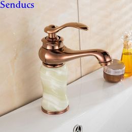 Bathroom Sink Faucets Senducs Rose Gold Jade Basin Faucet Deck Mounted Brass Stone Fashion