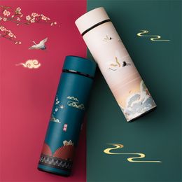 Intelligent Thermos Coffee Bottle Chinese Classical Style LED Touch Display Stainless Steel Thermal Cup Tea Mug Water Bottles 211013