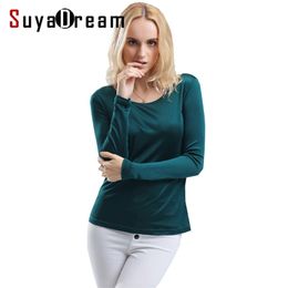 SuyaDream Women T shirt Real Silk Basic O neck long sleeve Bottoming-shirt FALL Primer shirt Plus size Spandex Top Black White 210306