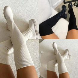 Boots Ladies Fashion Elegant High Boot Winter Thick Bottom Zipper Pu Sock Shoes Women Autumn Knit Solid Color Over The Knee