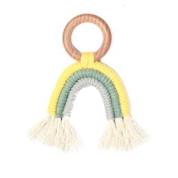 lioraitiin Accessories Newborn Baby Rainbow Teether Crochet Wood Ring Baby Teething Toy Natural Cotton Teething Toy242N
