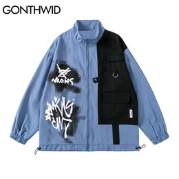 GONTHWID Jackets Graffiti Tie Dye Color Block Patchwork Full Zipper Coats Mens Hip Hop Streetwear Harajuku Fashion Jacket Tops C0315