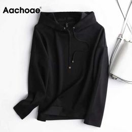 Aachoae 2021 Loose Black Color Hoodies Women Casual Hooded Sweatshirt Tops Ladies Batwing Long Sleeve Fashion Pullovers Y0820