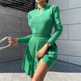 Knitted Pleated Skirt Set Women Sexy Long Sleeve Skinny Shirt Tops And High Waisted Mini Dress Two Piece 220302