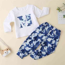 Winter Children Sets Casual Boys Long Sleeve Print Letter M O Neck T-shirt Elastic Band Pants Clothes 3M-24M 210629