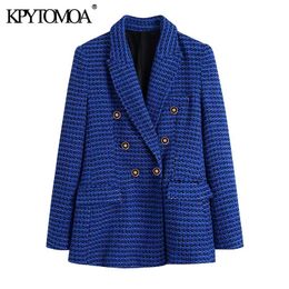 KPYTOMOA Women Fashion Tweed Double Breasted Blazer Coat Vintage Long Sleeve Flap Pockets Female Outerwear Chic Veste Femme 210930