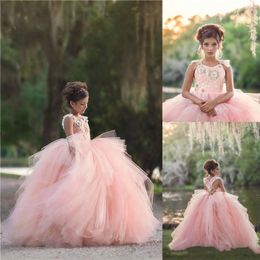 Country Style Puffy Skirt Sleeveless Flower Girls Dresses 2 Straps Lace Top Layers Backless Girls Toddler Infant Pageant Gowns