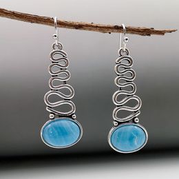Dangle & Chandelier Boho Fashion Oval Blue Stone Earrings For Women Tribal Jewellery Hollow Twist Metal Wavy Drop Brincos