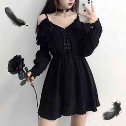 Women dress demon girl original black spring and autumn sexy high waist femme dress shoulder long sleeve gothic dress A085 210630