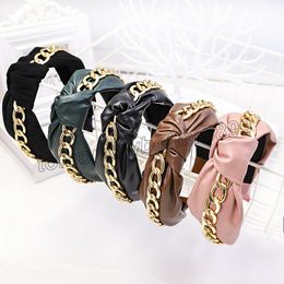 Fashion Gold Chains PU Leather Hair Bands For Women Knot Punk Headband Turban Hairband Girls Hair Accessories Hoop Opaska