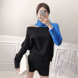 Sweaters Patchwork Turtleneck Sweater Women Sexy Off Shoulder Colour Block Knitted Batwing Long Sleeve Pullovers 210529