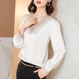 Women's Blouses & Shirts 2021 Fashion Silk Wome's Shirt V-neck Long Sleeve Ladies Tops Embroidered White OL Satin Solid Women Clothing