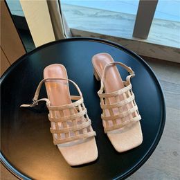 Sandals Retro Fashion Hollow Thick Women's 2021 Summer Open Toes Hasp Woven High Heels Square Toe Flock Casual Shoes