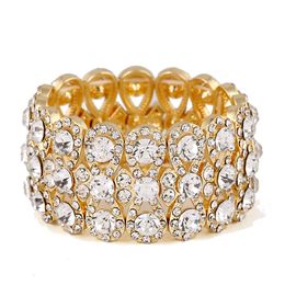Wedding Jewellery Luxury Full Crystal Rhinestones Gold Colour for Women Bride Stretch Rope Wide Bracelets & Bangles Gift