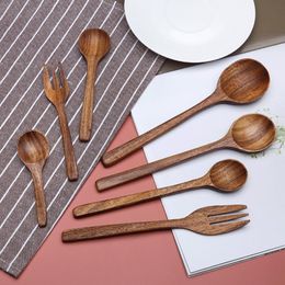 Dinnerware Sets Wooden Short Handle Cutlery Set Serving Spoons Rice Scoop Salad Mixing Spoon Large Kitchen Fork