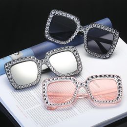 2021 Big Frame Sqaure Glasses Ladies Diamond Crystal Pink Sunglasses For Women Italy Brand Designer Eyewear Shades