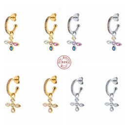 GS 925 Sterling Silver Colorful Zircon Cross Pendant Drop Earrings C Shape Circle Rainbow Crystal Dangle Earring Women Jewelry