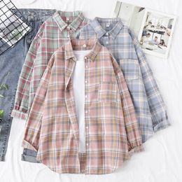 100% Cotton Ladies Blouses Shirt Casual Plaid Shirts Loose Boyfriend Style Women's Clothing Tops Outwear Pink Oversized Shirts 210315