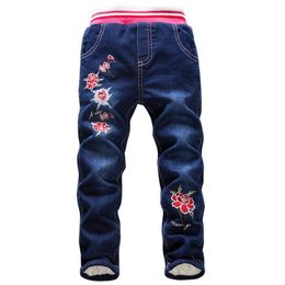 Arrival Warm Jeans for Children Girls Nice Flower Embroidery Pants Kids Winter Denim Trousers Teenage Clothes 3-14 Year 210622