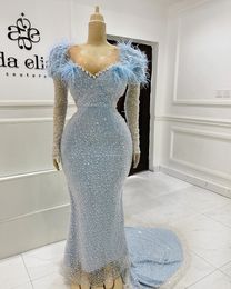 Blue Beads sequins Mermaid Prom Dresses Elegant Long Sleeves Evening Gowns 2021 Women Formal Party Dress