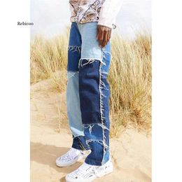 Men's Straight Jeans Trousers Fashion Vintage Frayed Patchwork Colour Block Denim Pants Men Trousers Ripped Bottoms Hip Hop Wear X0621