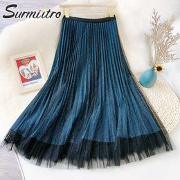 SURMIITRO Shinny Metallic Colour Midi Long Tulle Skirt Women Summer Korean Style High Waist Mid-Length Pleated Skirt Female 210712