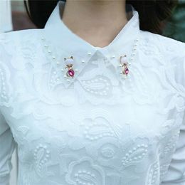 Women Spring Autumn Style Lace Blouses Shirts Lady Peter Pan Collar Long Sleeve Beading Casual Blusas Tops 210226