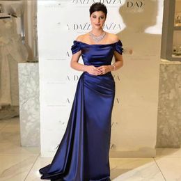 Elegant Navy Blue Prom Dresses 2022 With Detachable Train Simple Boat Neck Short Sleeve Satin Evening Gowns For Women Off Shoulder