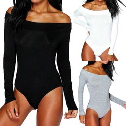 Casual Sexy Women Ladies Off Shoulder Basic Long Sleeve Bodysuit Leotard Top Plain Stretch Bodysuit Y0927