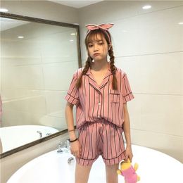 Plus Size Summer Fashion Women Pajamas Turn-down Collar Sleepwear 2 Two Piece Set Shirt+Shorts Striped Casual Pajama Sets 210607