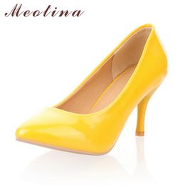 Meotina Women Shoes High Heels Pointed Toe High Heel Shoes Women Pumps White Wedding Heels Footwear Yellow Black Large Size 9 10 210225