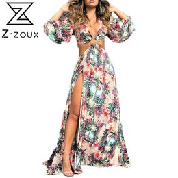 Women Dress Deep V Neck Long Sleeve Hollow Out Bohemia Sexy Print Floral Maxi es Split es 210524