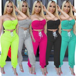 Cutubly 2020 Sexy Solid Two Piece Set Strapless Zipper Crop Top+High Waist Trousers Women Sets Streetwear Two Piece Sets Y0625