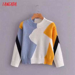 Tangada Women Fashion Patchwork Knitted Sweater Jumper O Neck Female Elegant Oversize Pullovers Chic Tops 5D113 210914