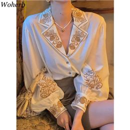 Woherb Vintage Floral Embroidery Blusas Mujer Elegant Women Blouses and Tops Autumn Short Ladies Shirts Chemisier Femme 210302