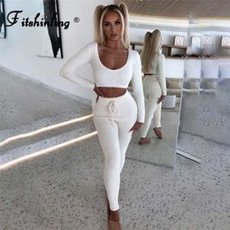 Fitshinling Plush Knit Home Suit For Women Matching Sets Loungewear Fitness Slim Sexy Two Pieces Outfit Soft Clothes Female Sale 211007